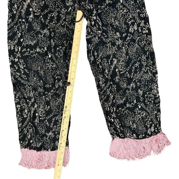 Vintage Black White Line Drawing Pink Tassel Capri Pants Size L Drawstring Waist - Picture 4 of 11